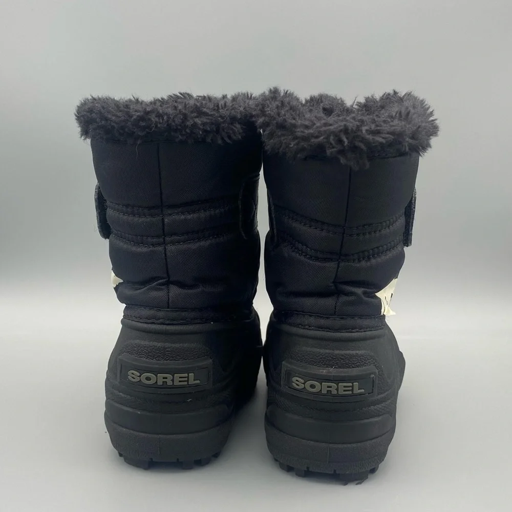 Sorel Kids Black Winter Boots with Cream Bear Accent